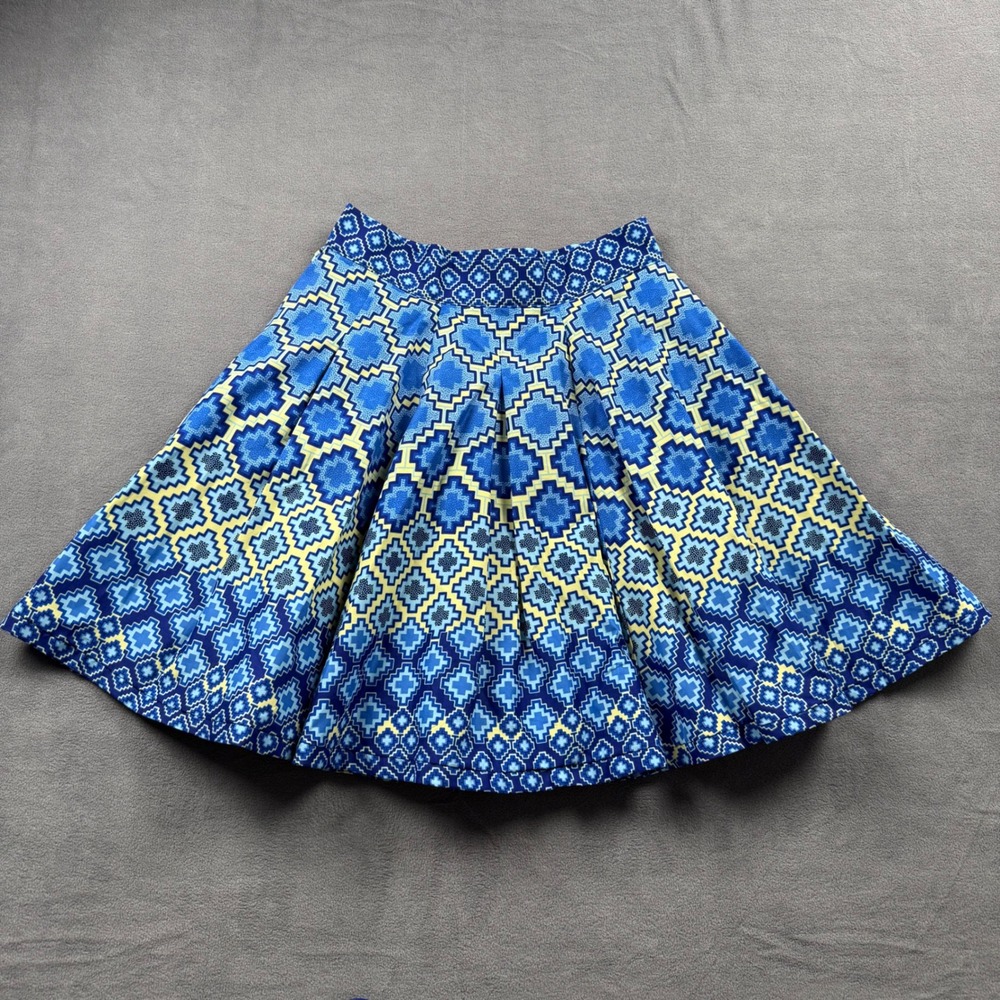 Francis + Benedict Ankara Wax Cotton Pleated Mini Skirt Pockets Blue Yellow S